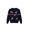 Tjejens stickade blommiga broderi-nacke pullover